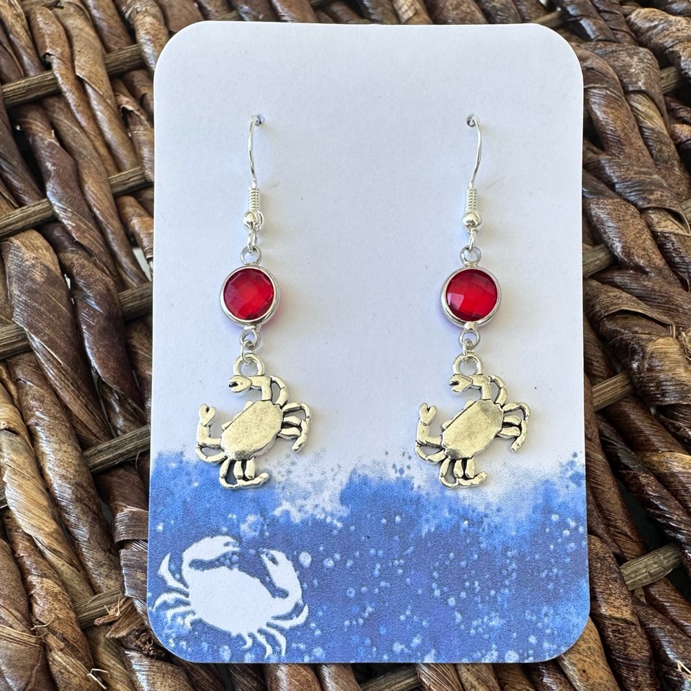 New Handmade Silver-Tone and Sparkly Red Crab Dangle Earrings (2” l x 0.6” w)